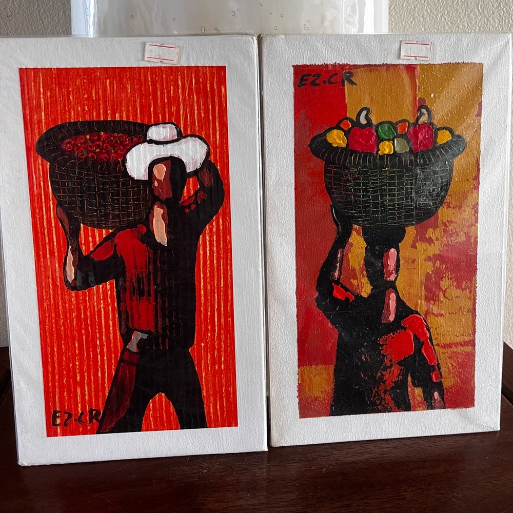 Two paintings vibrant oranges yellows signed EZ.CR